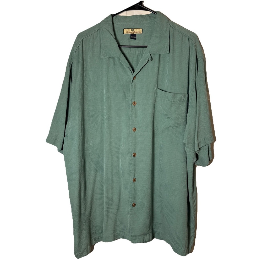 VTG Tommy Bahama Mens XL 100% Silk Camp Shirt Green Floral Jacquard Relax Fit